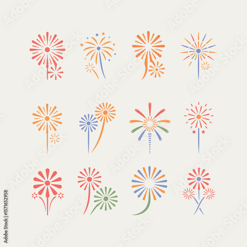 Collection of stylized flat design fireworks and sparklers in various colors