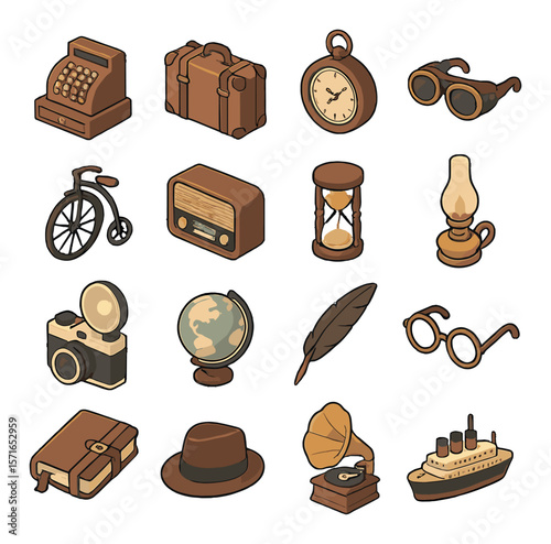 Vintage icon set. retro, antique, classic, old-school objects silhouette vector icons.