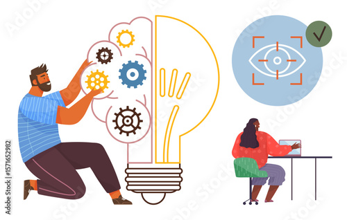 Man assembling gears inside light bulb, woman using computer with focus icon Ideal for teamwork, innovation, creativity, technology, productivity, problem-solving, strategic thinking simple flat