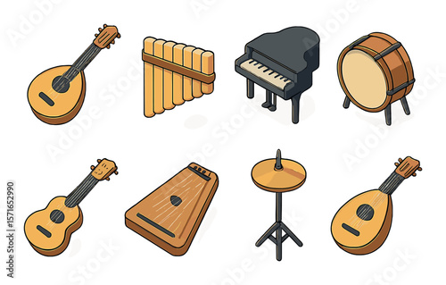 Music instrument set. isometric icons. guitar, piano, drums, flute, vector icons.