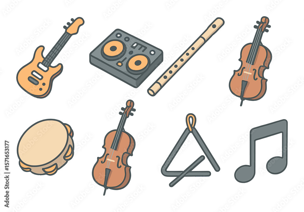 Naklejka premium Instrument set. modern music linear instruments. guitar, drums, violin, flute, note vector icons.