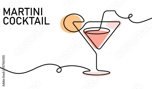 Stylish minimalist artwork of a martini cocktail drawn in continuous line art style with accented hues. Perfect for concepts in mixology, art, drink culture, and elegant events.