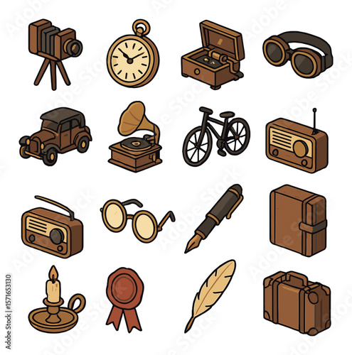 Vintage style icon set. simple collectibles. camera, clock, pen, suitcase, lamp vector icons.