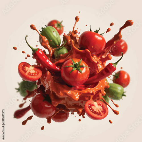 Fresh tomatoes chili peppers and green peppers splashing in tomato sauce