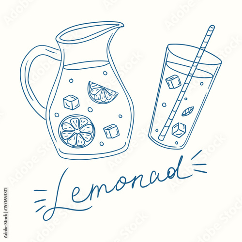 Refreshing lemonade pitcher and glass with ice and citrus slices in a simple drawing style