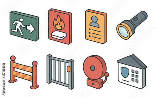 Home safety icon set. simple home, fire, alarm, exit, gate, flashlight, barrier icons.