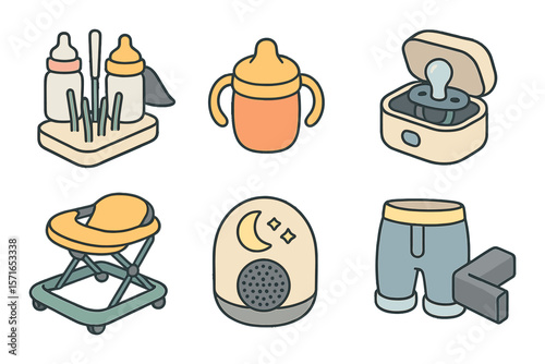 Baby essentials set. simple babycare icons. bottle, pacifier, sippy, walker, monitor icons.