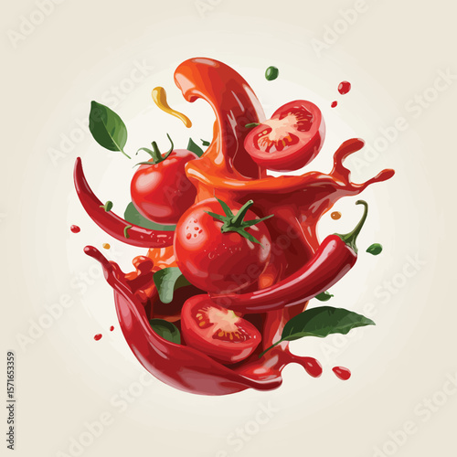 Fresh tomatoes and spicy chili peppers splashing in vibrant red sauce