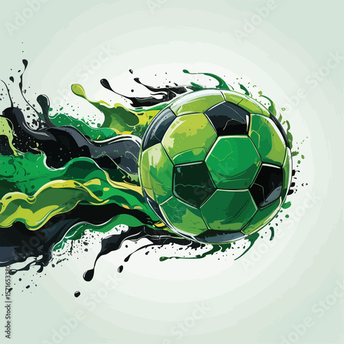 Dynamic green soccer ball with abstract paint splashes and motion effect