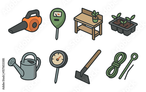 Gardening tool set. modern gardening flat icons: leaf blower, table, watering can vector icons.