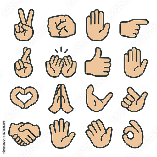 Gesture icon set. hand signals, expressions, communication in simple linear vector icons.