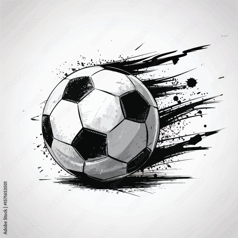Dynamic soccer ball with black ink splatter and brush strokes