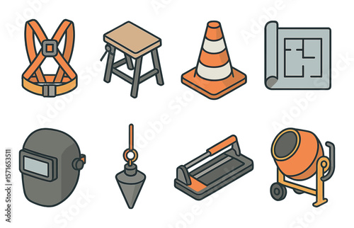 Construction tool set. modern building tools flat icons. helmet, blueprint, cone, drill vector icons.