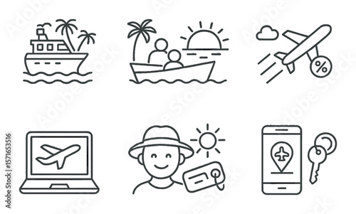 Affordable travel icon set. simple cruise, flight, ticket, map, sunset, hat vector icons