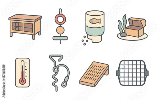 Pet accessories set. feeding, cage, thermometer, toy, hook linear vector icons