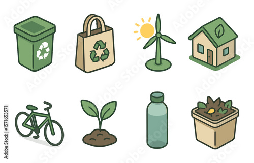 Eco lifestyle icon set. simple green silhouettes: bin, bag, wind, house, bike, plant, bottle, compost vector icons.