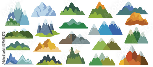 Collection of flat design mountains and mountain ranges in various colors