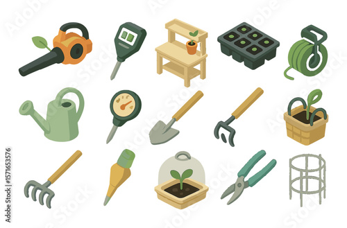 Modern gardening set. simple gardening tools, plant care, hose, shovel, rake vector icons.