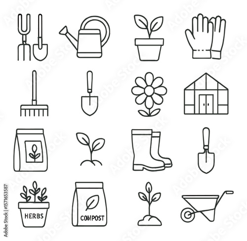 Gardening tools set. essential yard linear icons. shovel, rake, gloves, wheelbarrow vector icons.