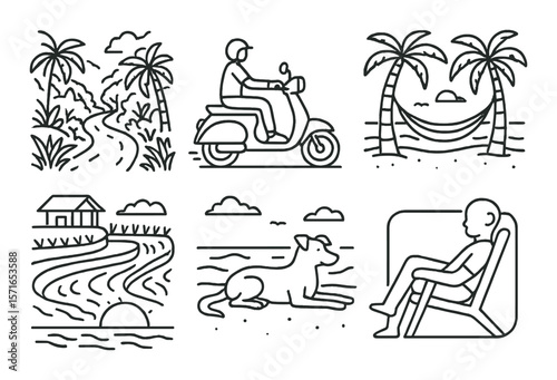 Affordable retreat icons set. simple vacation, beach, dog, scooter, hammock, landscape vector icons.
