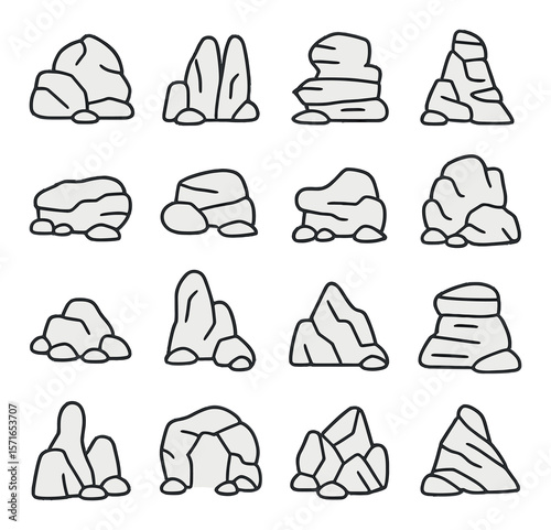 Diverse rock formations set. simple compose rocks. boulders, cliffs, stones, hills vector icons.