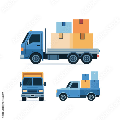 Blue delivery trucks and pickup truck loaded with colorful boxes
