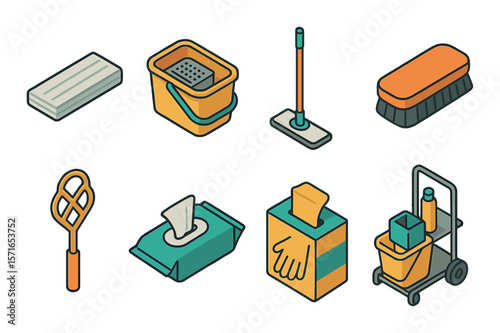 Modern cleaning tools set. simple flat scrub, mop, wipes, bucket, cart, brush vector icons.