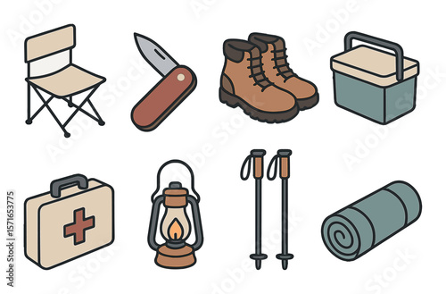 Camping gear set. isometric camping essentials: chair, knife, boots, lantern vector icons.