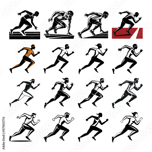 Collection of dynamic runner silhouettes in various poses and styles for sports and fitness themes silhouette