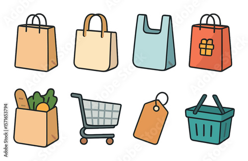 Shopping bag set. retail shopping flat icons. trolley, gift, basket, tag vector icons.