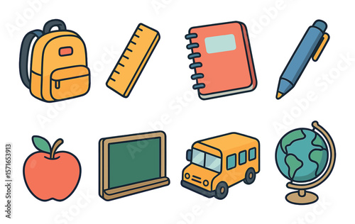 School icon set. education tools flat style: backpack, ruler, notebook, pen, bus, globe vector icons.