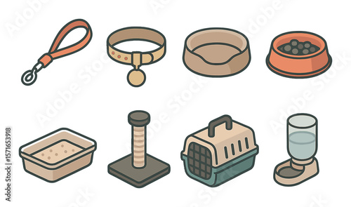 Pet accessories set. flat icons of leash, collar, bed, bowl, litter, scratcher, carrier