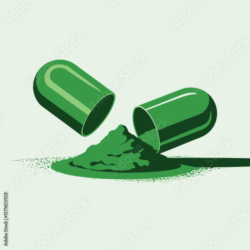 Green powder spilling from an open medical capsule on a white background