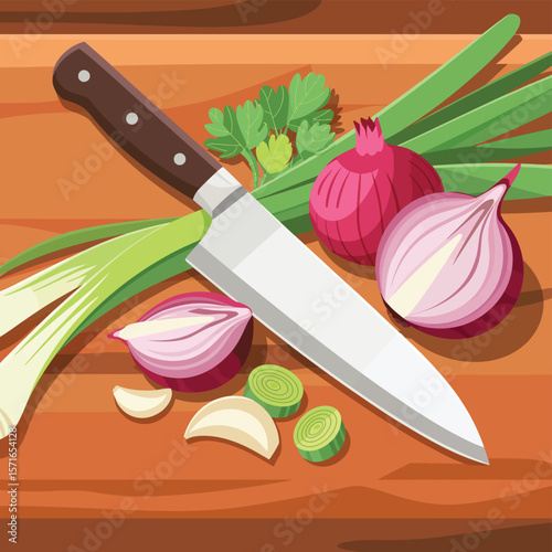 A chef s knife sits on a wooden cutting board with fresh onions and garlic