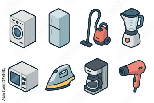 Appliance icon set. household gadgets, microwave, vacuum, blender, flat vector icons.