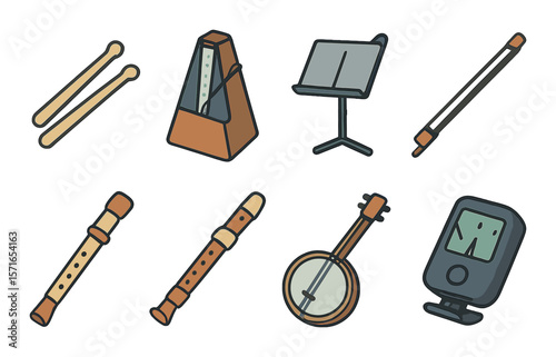 Musical instrument set. minimalist music, metronome, banjo, stand, recorder, bow vector icons