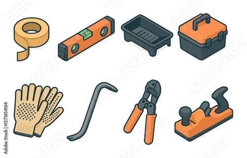 Construction tool set. minimalist linear tools: tape, level, box, tray, gloves, pliers, crowbar vector icons