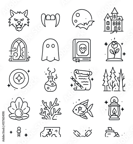 Fantasy icon set. magical simple design. moon, ghost, potion, dragon, castle vector icons.