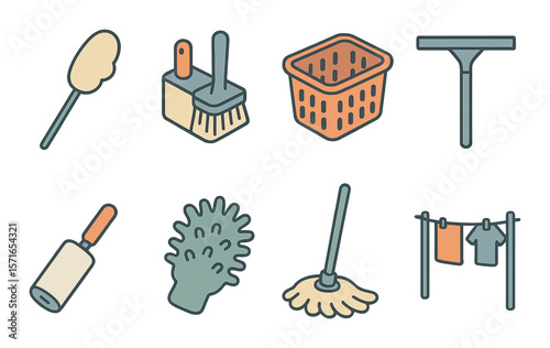 Cleaning tools set. modern household flat icons. duster, brush, basket, mop, gloves vector icons.