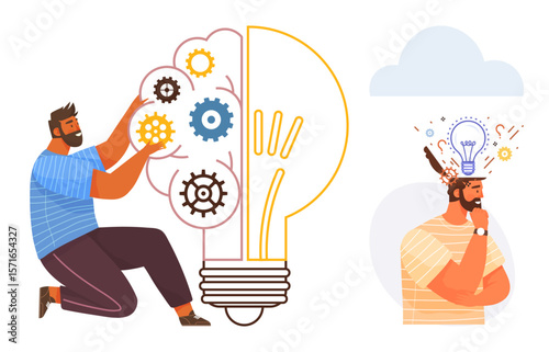 Man adjusting gears inside a light bulb symbolizes problem-solving, innovation. Second man demonstrates introspection with ideas sparking from his head. Ideal for creativity, problem-solving