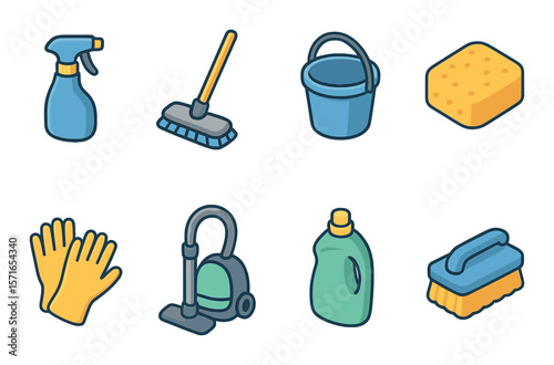 Cleaning items set. household tools flat icons. spray, mop, bucket, sponge, gloves vector icons.