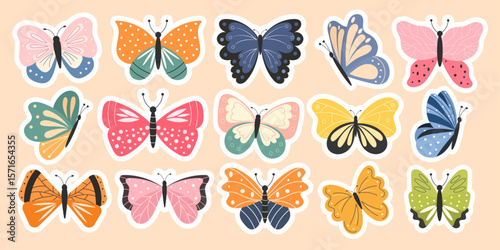 Cute butterfly sticker set in flat style. Perfect for planners, notebooks, scrapbooking, kids crafts. Vector sticker collection with butterflies.
