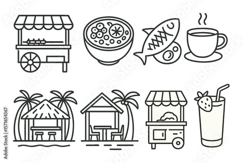 Tropical cuisine set. affordable food linear icons. cart, bowl, fish, drink, hut vector icons.