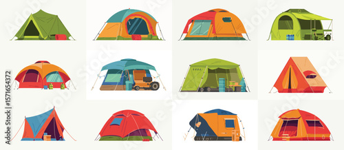 Collection of diverse camping tents and outdoor shelter illustrations