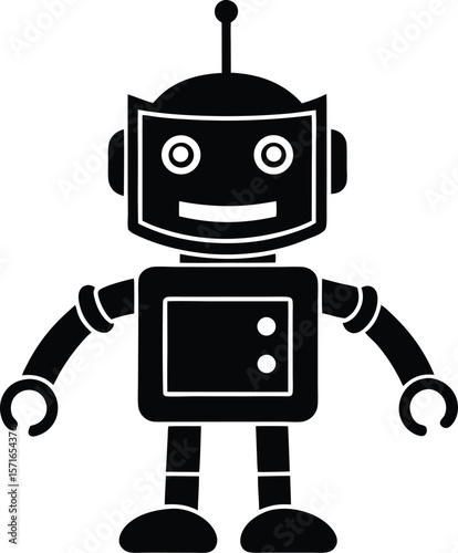 Vector art of a retrostyle robot with a boxy body and antenna stands ready