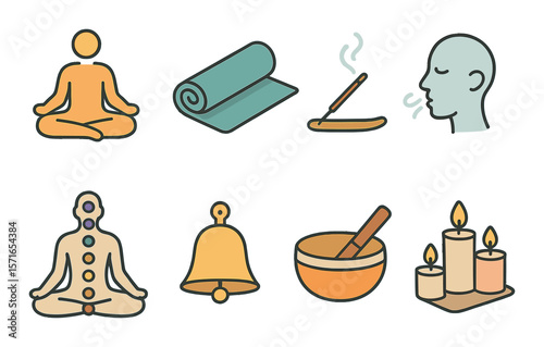 Yoga icon set. simple yoga, meditation, chakras, incense, bell, candle vector icons.