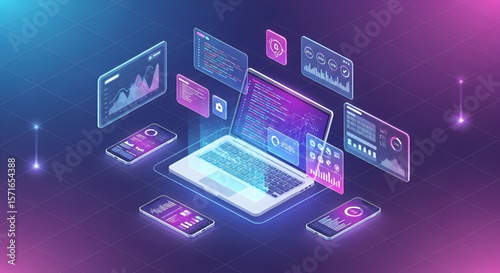 Futuristic digital technology interface with floating data charts, coding screen, smartphones and laptop showcasing modern analytics for business finance and communication