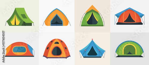 Collection of eight colorful flat design camping tents for outdoor adventures