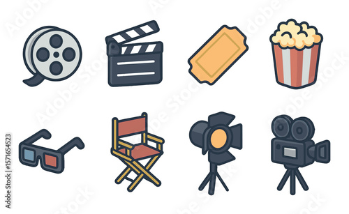 Cinema icon set: linear style. film, ticket, popcorn, director, camera, projector vector icons.