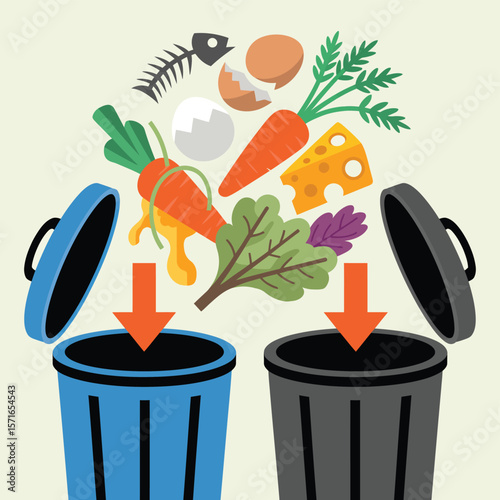 Food waste being sorted into two separate trash bins for recycling and disposal